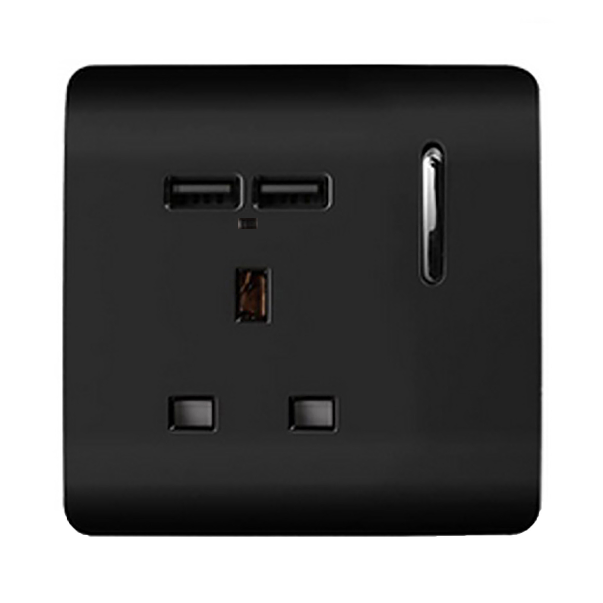 1 Gang Switched Single Socket 13A With 2 x USB-A 10W (Shared) With Neon Insert Piano Black